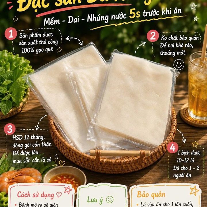 Bánh tráng phơi sương Đại Lộc đóng bịch, đặt trong rổ mây